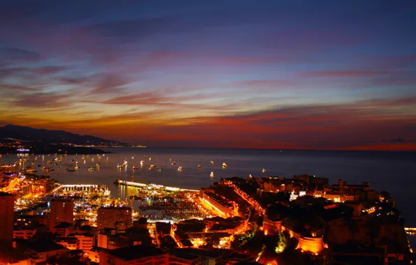 Картинка пейзаж, ночь, city, город, дома, порт, Monaco, Монако, Monte Carlo, Монте Карло, панорама., naght