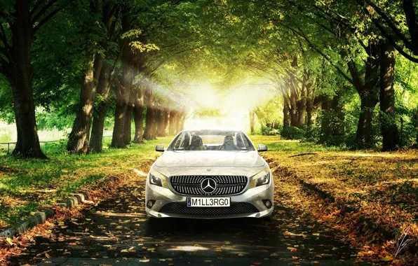 Картинка Mercedes-Benz, Солнце, Трава, Деревья, Листья, Car, Grass, Автомобиль, AMG, Sun, Trees, Class, Premium, CLA, Leaves, …