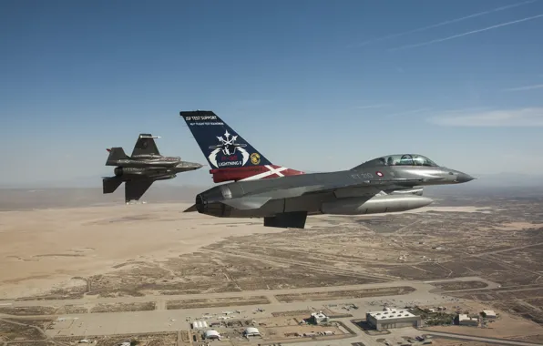 Картинка истребители, полёт, F-16, Fighting Falcon, Lightning II, F-35