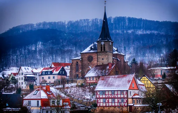 Картинка зима, пейзаж, дома, Германия, церковь, Тюрингия, Ленгенфельд-унтерм-Штайн