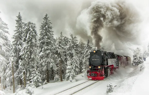 Картинка зима, снег, деревья, дым, рельсы, поезд, паровоз, ели, состав