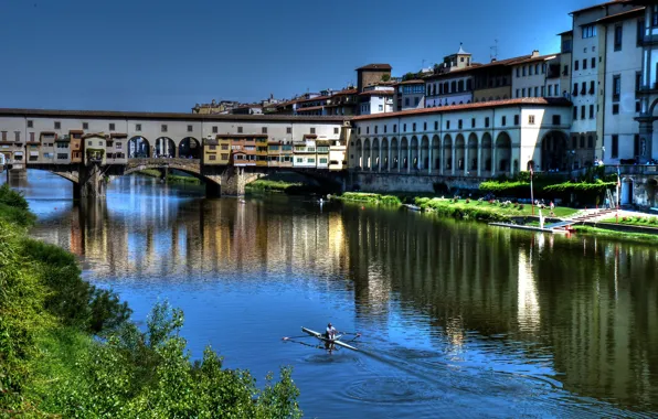 Картинка небо, мост, река, дома, Италия, Флоренция, Понте Веккьо, Арно