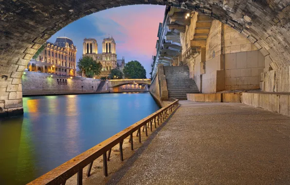 Картинка мост, река, Франция, Париж, Сена, арка, набережная, Собор Парижской Богоматери, свод