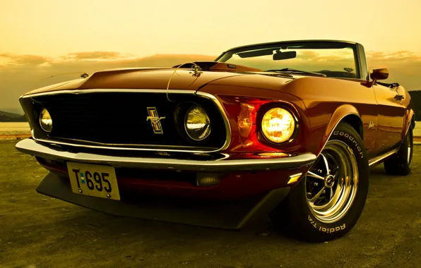 Картинка небо, Mustang, Ford, Форд, 1969, Мустанг, кабриолет, передок, Muscle car, Convertible, Мускул кар