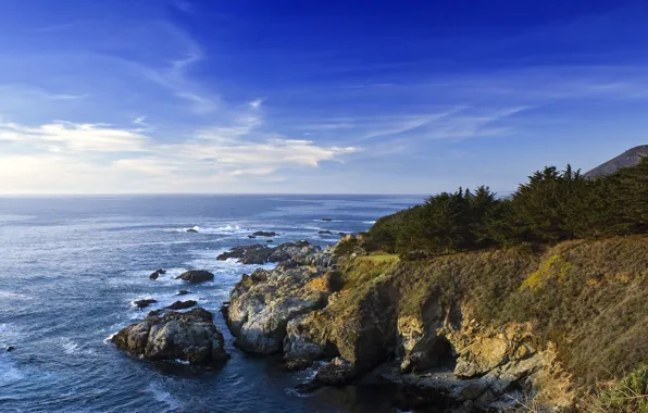 Картинка море, небо, вода, скалы, берег, Калифорния