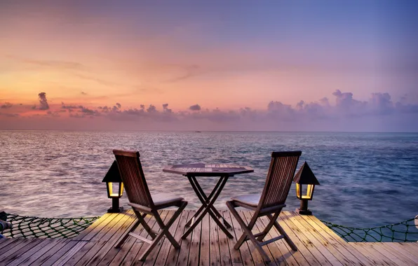 Картинка океан, романтика, вид, стулья, вечер, столик
