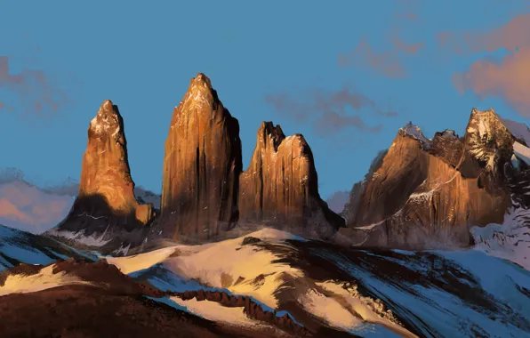 Картинка снег, пейзаж, горы, природа, скалы, арт, mohammad javadi