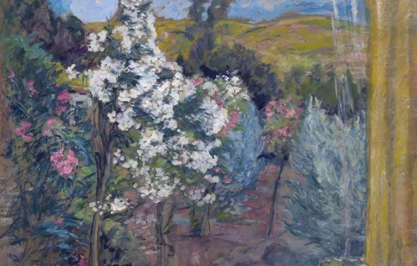 Картинка деревья, пейзаж, весна, сад, окно, цветение, Анри Лебаск, View of the Garden from the Window