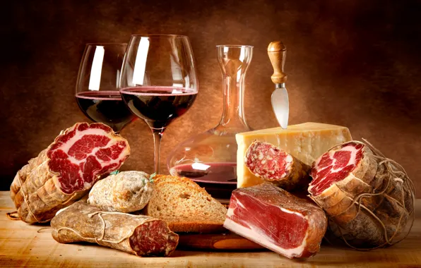 Картинка вино, красное, еда, сыр, бокалы, хлеб, мясо, red, колбаса, wine, cheese, cups, meat, декантер, пармезан, …