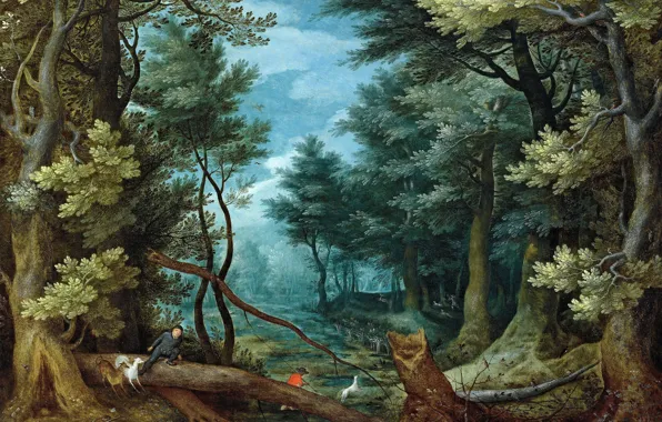 Картинка картина, Ян Брейгель старший, Лесной Пейзаж с Оленьей Охотой