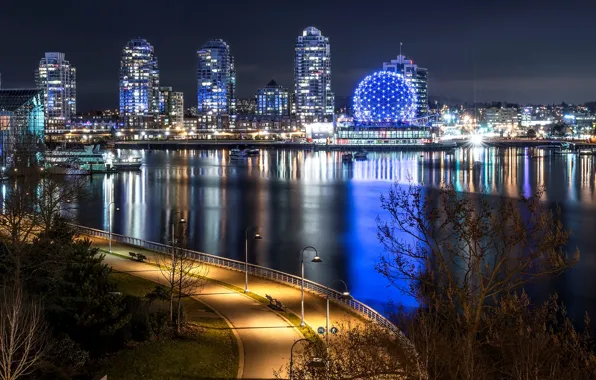 Картинка ночь, город, огни, река, здания, дороги, небоскребы, лодки, освещение, Канада, фонари, дамба, Ванкувер, Canada, Vancouver, …