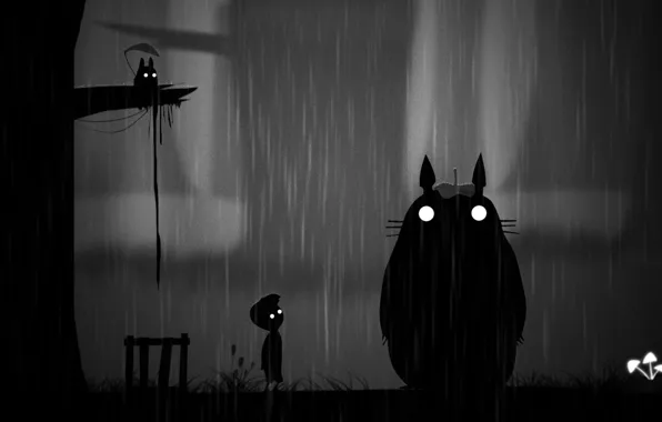 Картинка ночь, дождь, арт, Тоторо, Limbo. мальчик