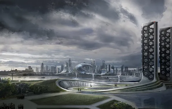 Картинка небо, облака, city, город, будущее, фантастика, здания, future, sky, clouds, sci-fi, Ender's Game, Enders Game, …