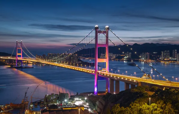 Картинка море, ночь, мост, огни, Гонконг, освещение, Сянган