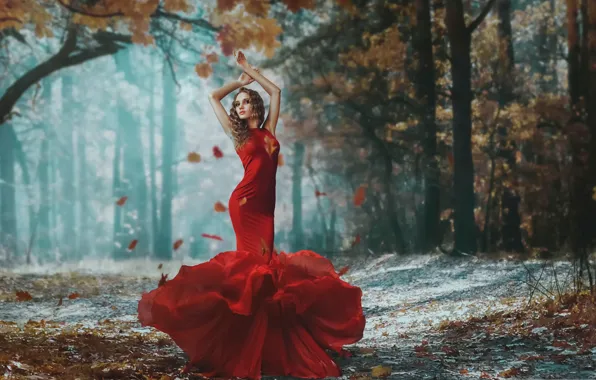 Картинка девушка, фигура, платье, в красном, листопад, осенний лес, Darya Chacheva