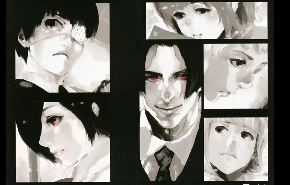 Картинка лицо, монстры, красные глаза, повязка на глаз, Tokyo Ghoul, Ken Kaneki, Touka Kirishima, Juuzou Suzuya, …