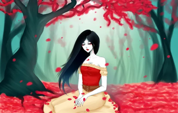 Картинка листья, девушка, дерево, арт, красные, adventure time, eirintomo, marceline