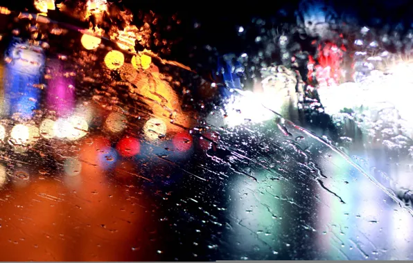 Картинка стекло, огни, дождь, rain, bokeh