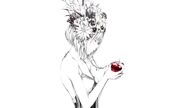 Картинка цветы, рисунок, яблоко, Девушка, арт, Sawasawa