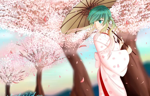 Картинка девушка, деревья, зонт, лепестки, сакура, арт, кимоно, vocaloid, hatsune miku, вокалоид, mikevd