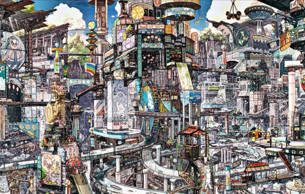Картинка город, транспорт, дороги, реклама, этажи, башни, лестницы, мосты, урбанизм, мегополис