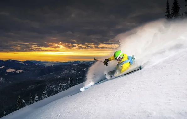 Картинка снег, закат, природа, лыжи, гора, Спорт, склон, спортсмен, sport, горные
