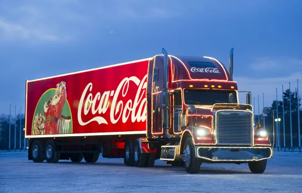 Картинка зима, машины, фары, вечер, освещение, фонари, грузовик, Новый год, Christmas, Coca-Cola, кока-кола, truck, Freightliner, рождественский, …