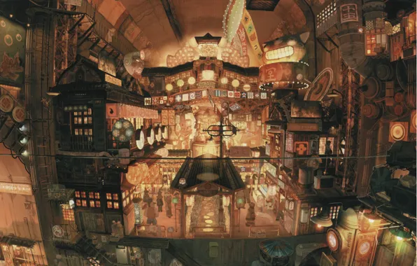 Картинка трубы, дом, люди, здание, вечер, этажи, лестницы, вывески, Art, лампочки, Imperial Boy (Teikaku Shounen)