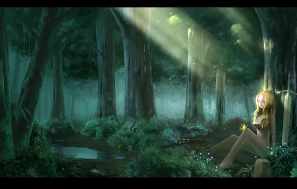 Картинка лес, вода, девушка, свет, деревья, цветы, природа, бабочка, меч, аниме, арт, claymore, teresa