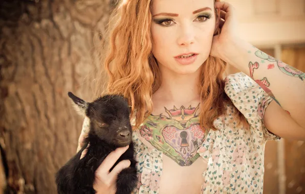 Картинка girl, blouse, woman, tree, model, tattoo, animal, redhead, tattoos, Hattie Watson, female, goat, freckles
