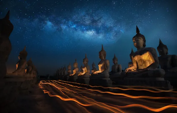 Картинка Thailand, sky, night, Candly festival, Buddha statue