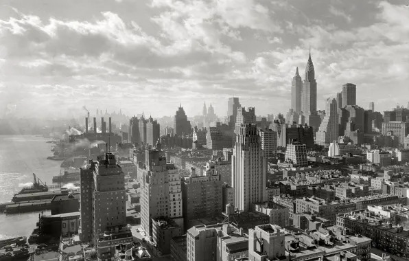 Картинка ретро, дома, Нью-Йорк, панорама, США, Манхэттен, 1931-й год