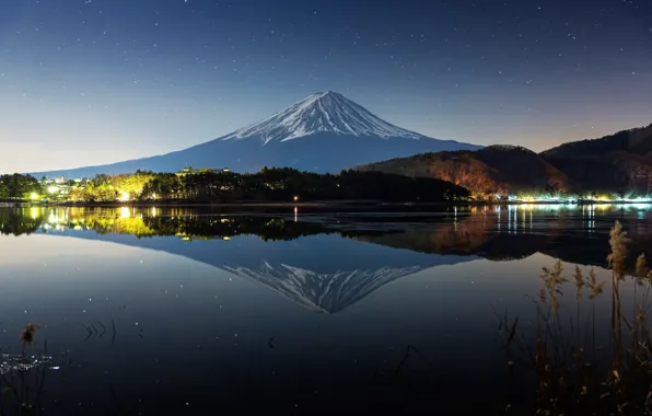 Картинка зима, отражения, ночь, озеро, река, гора, Япония, Фудзияма, стратовулкан, 富士山