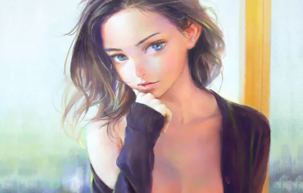 Картинка взгляд, рука, девочка, голубые глаза, кофта, у окна, by Nababa