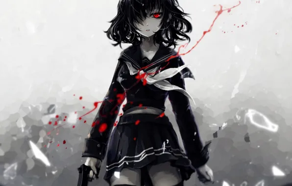 Картинка девушка, пистолет, оружие, кровь, аниме, арт, форма, школьница, aoiakamaou