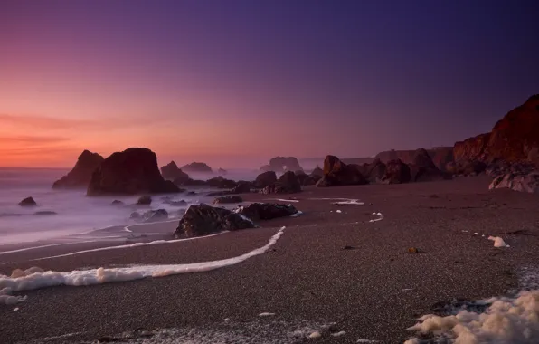 Картинка песок, пляж, скалы, Океан, Калифорния, california, ocean, bodega bay, Foam Of The Sea