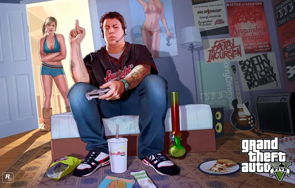 Картинка комната, мальчик, девочка, постер, gta, Grand Theft Auto V, Rockstar Games, джимми, трейси, Tracey and …
