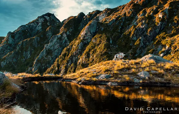 Картинка горы, природа, озеро, скалы, Новая Зеландия, вертолет, New Zealand, David Capellar