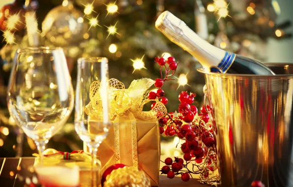 Картинка огни, праздник, подарок, бокалы, Рождество, Новый год, гирлянда, шампанское, New Year, gift, decoration, champagne