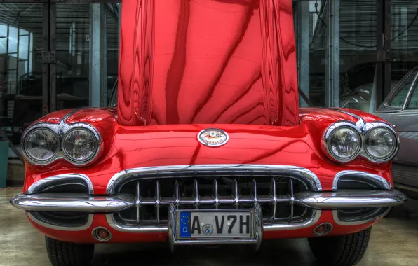 Картинка car, красный, фары, капот, решетка, hdr, red, corvette, бампер
