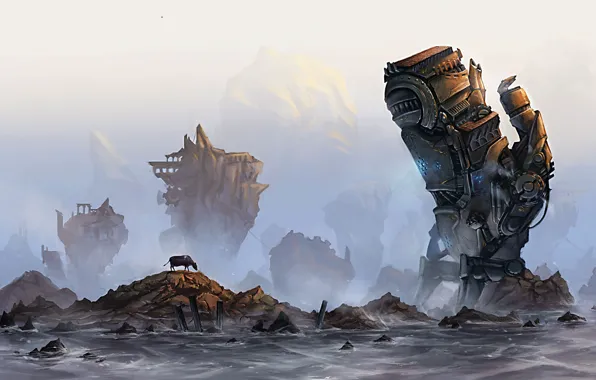 Картинка море, туман, камни, скалы, механизм, робот, корова, руины, гигантский
