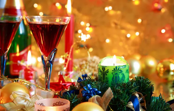 Картинка шарики, праздник, Свечи, очки, Новый год, шампанское