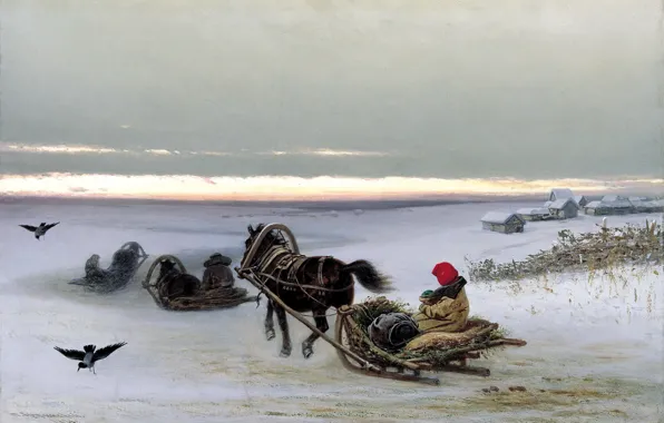 Картинка зима, снег, закат, люди, дома, картина, лошади, вороны, сани, живопись, холст, домой, Грузинский