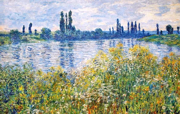 Картинка небо, трава, деревья, пейзаж, цветы, река, картина, Клод Моне