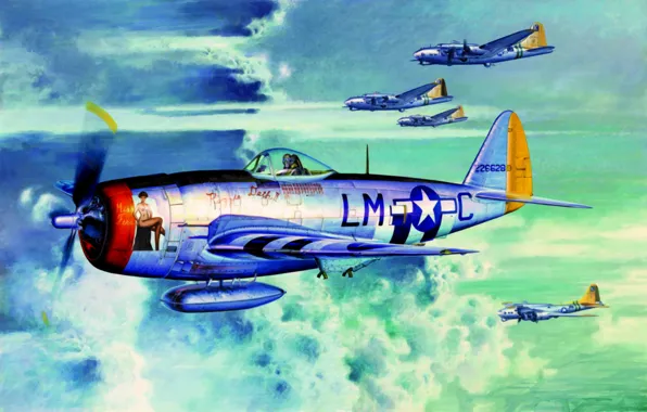 Картинка fighter, war, art, painting, B-17, ww2, P 47 Thunderbolt