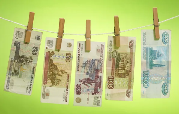Картинка Деньги, верёвка, просушка, купюры, рубли, прищепки