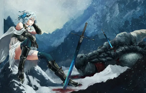 Картинка девушка, снег, оружие, дракон, монстр, меч, арт, akaikitsune