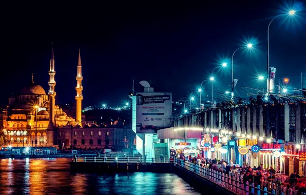 Картинка ночь, выдержка, Стамбул, Турция, night, Istanbul, Mosque, exposure, новая мечеть, Yeni Cami
