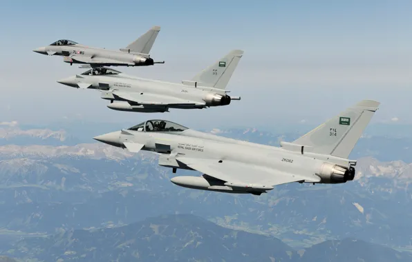 Картинка небо, полет, горы, истребители, Typhoon, Eurofighter