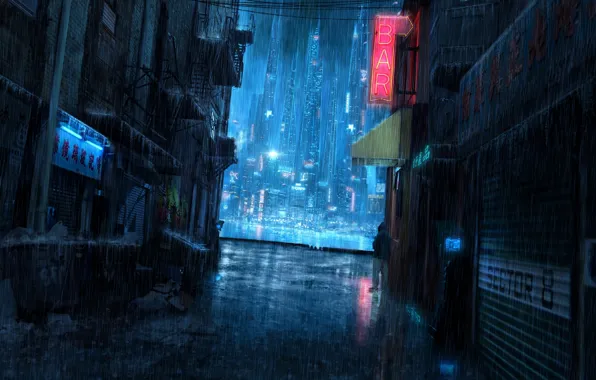 Картинка ночь, дождь, человек, вывеска, переулок, мусорный бак